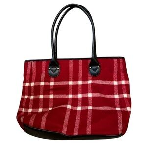 TALBOTS red & white plaid wool tote bag w/ black leather trim